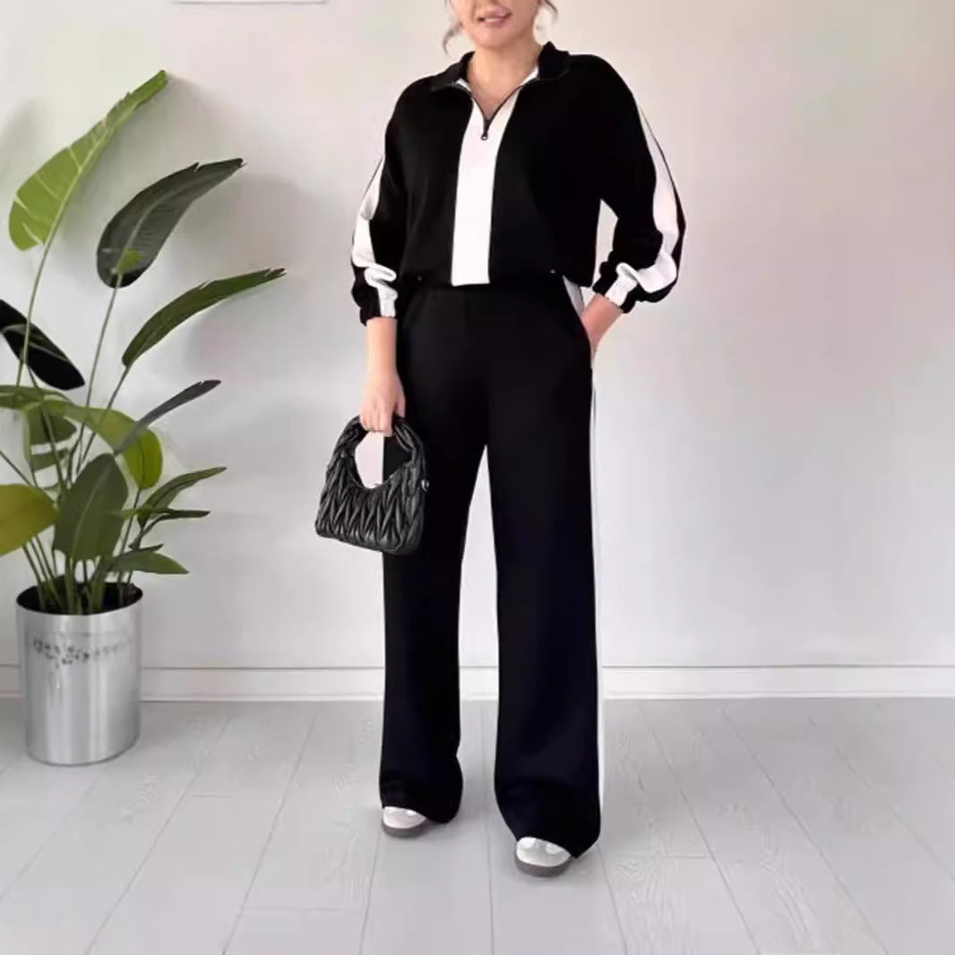 Women’s Two-Piece Set – Relaxed Fit Zip Collar Top & Wide-Leg Drawstring Pants