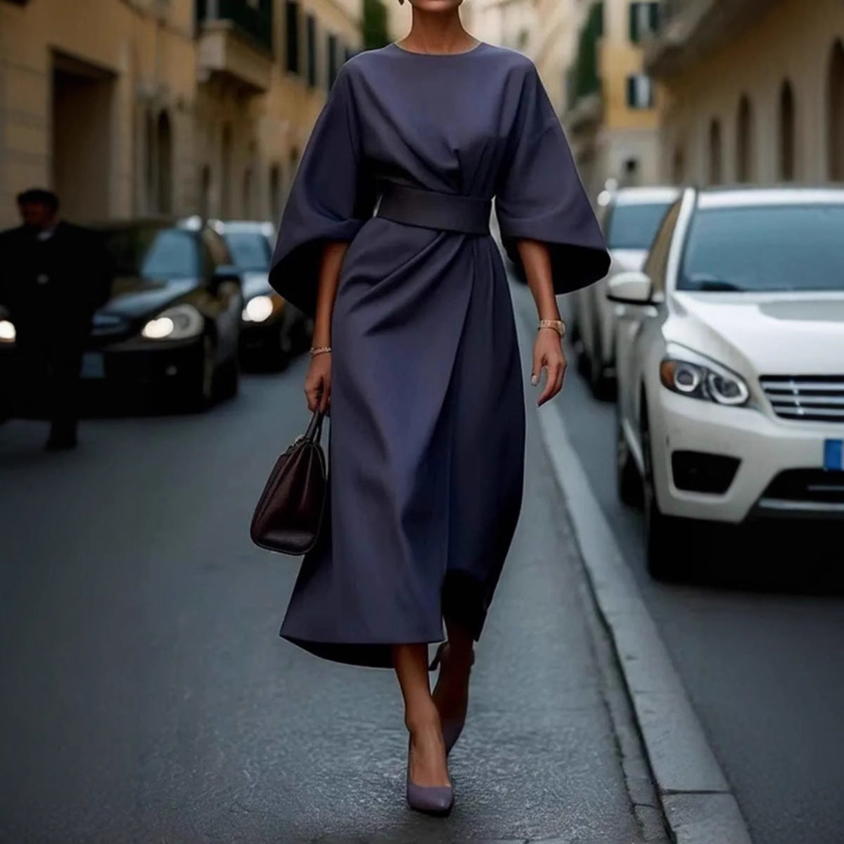 Women’s Long Dress – Satin Feel – Batwing Sleeves – Draped Fit – Waist Belt