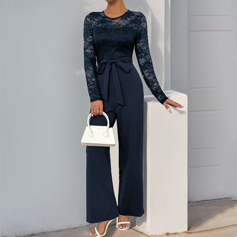 Women’s Jumpsuit – Lace Bodice – Long Sleeve – Wide Leg – Waist Tie – Formal Fit