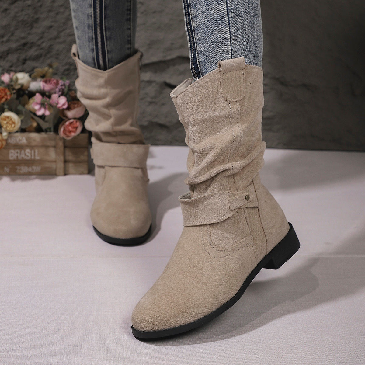 Women’s Mid-Calf Boots – Suede Finish – Block Heel – Side Zip – Slouched Fit