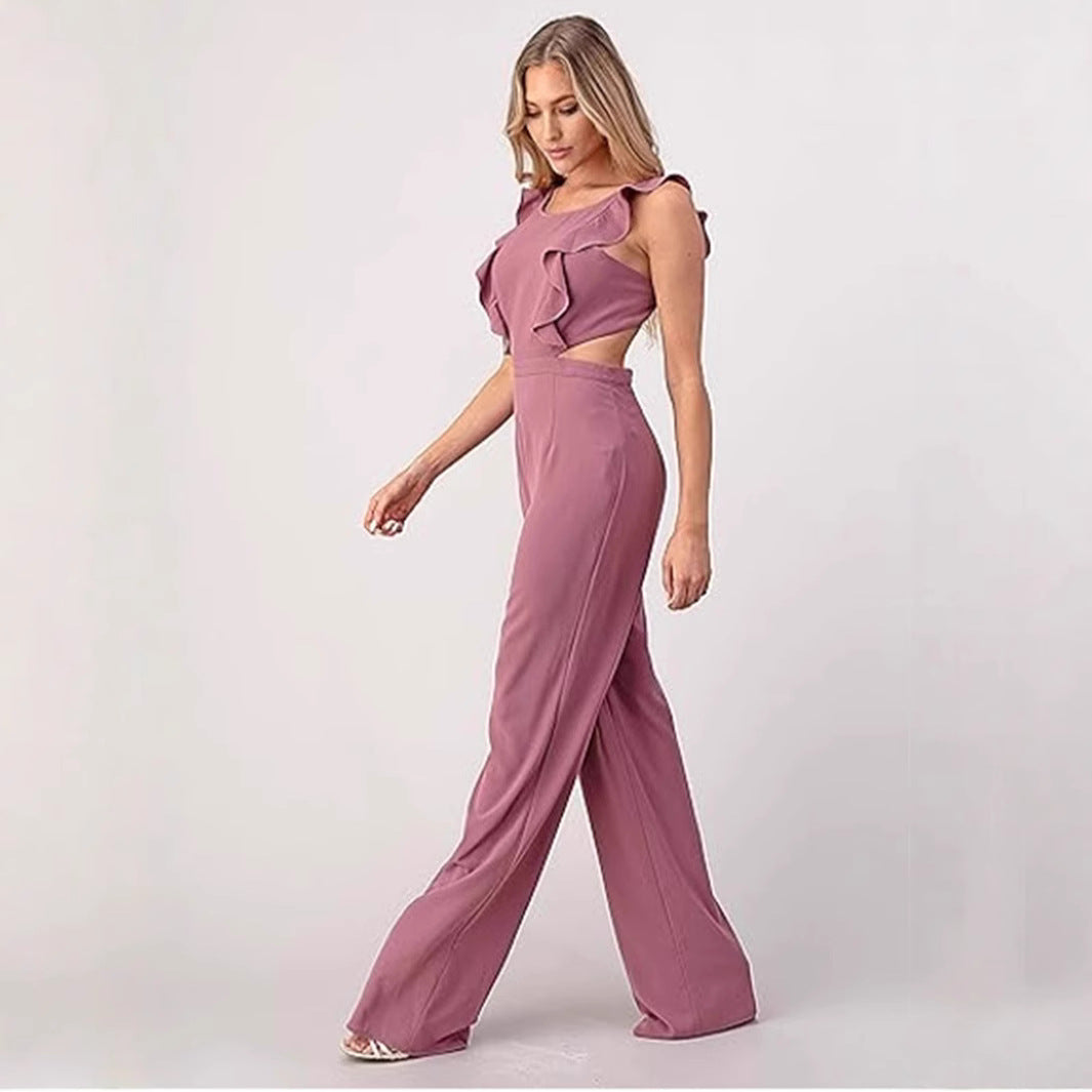Women’s Jumpsuit – Sleeveless – High Waist – Wide Leg – Ruffle Trim – Cut-Out Detail