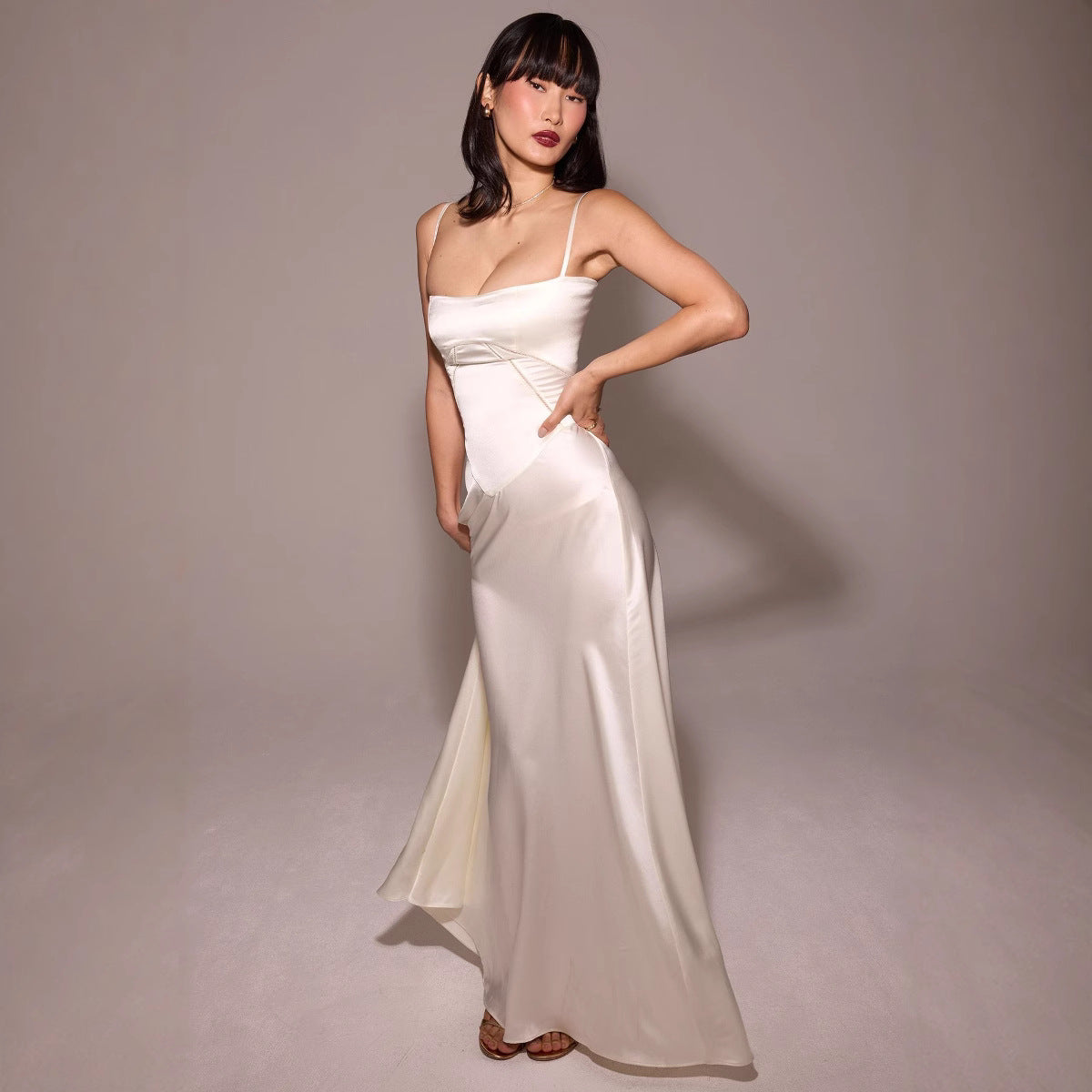Women’s Midi Dress – Slim Fit – Satin Feel – Lace Panel – A-Line – Spaghetti Strap