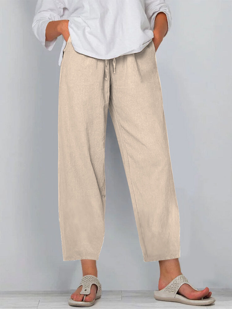 Women’s Wide-Leg Trousers – Relaxed Fit – Cotton Linen – Drawstring Waist – Full Length