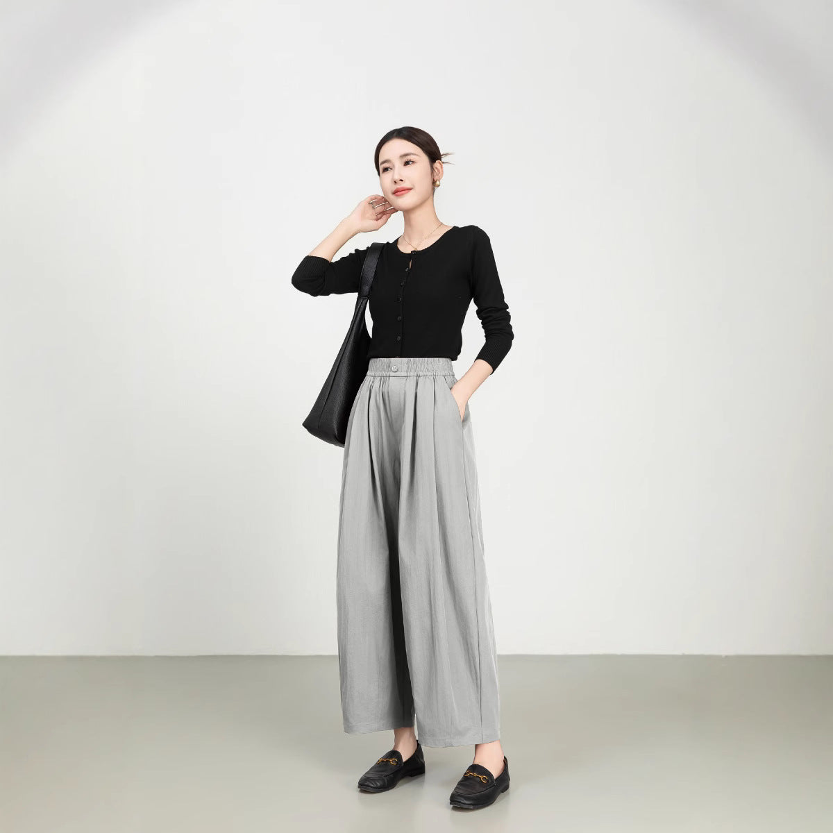 Women’s Wide-Leg Trousers – High Rise – Elastic Waist – Lightweight Twill – Full Length