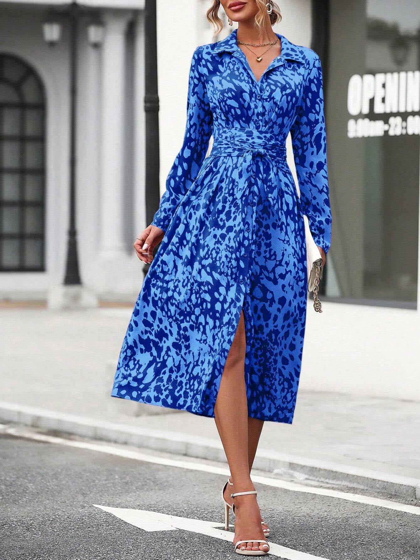 Women’s A-Line Dress – Button Down – Waist Tie – Midi Length – Breathable Blend