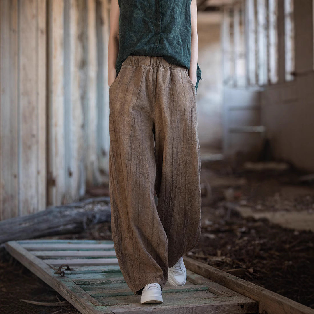 Women’s Casual Pants – Cotton Linen Blend – Relaxed Fit – Elastic Waist – Ankle Length