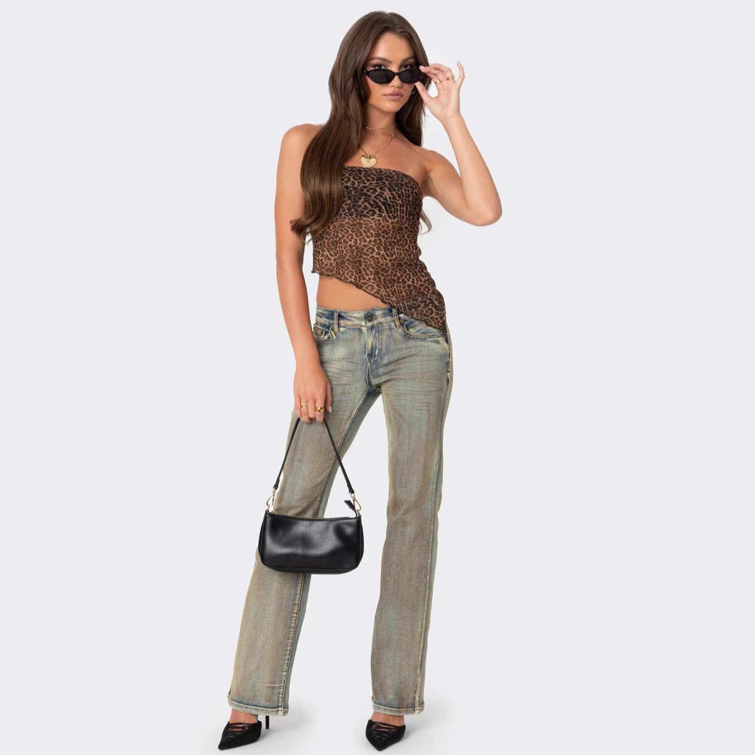 Women’s Tube Top – Animal Print – Slim Fit – Strapless Cropped Asymmetric Hem