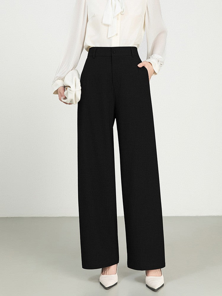 Women’s Wide-Leg Trousers – High Waist – Pleated Front – Full Length – Denim Texture