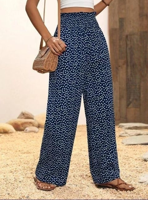 Women’s Flared Trousers – Relaxed Fit – Polka Dot – Elastic Waist – Breathable Blend