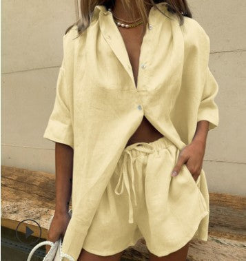 Women’s Two-Piece Set – Lightweight Linen Blend – Relaxed Fit Shirt and Drawstring Shorts