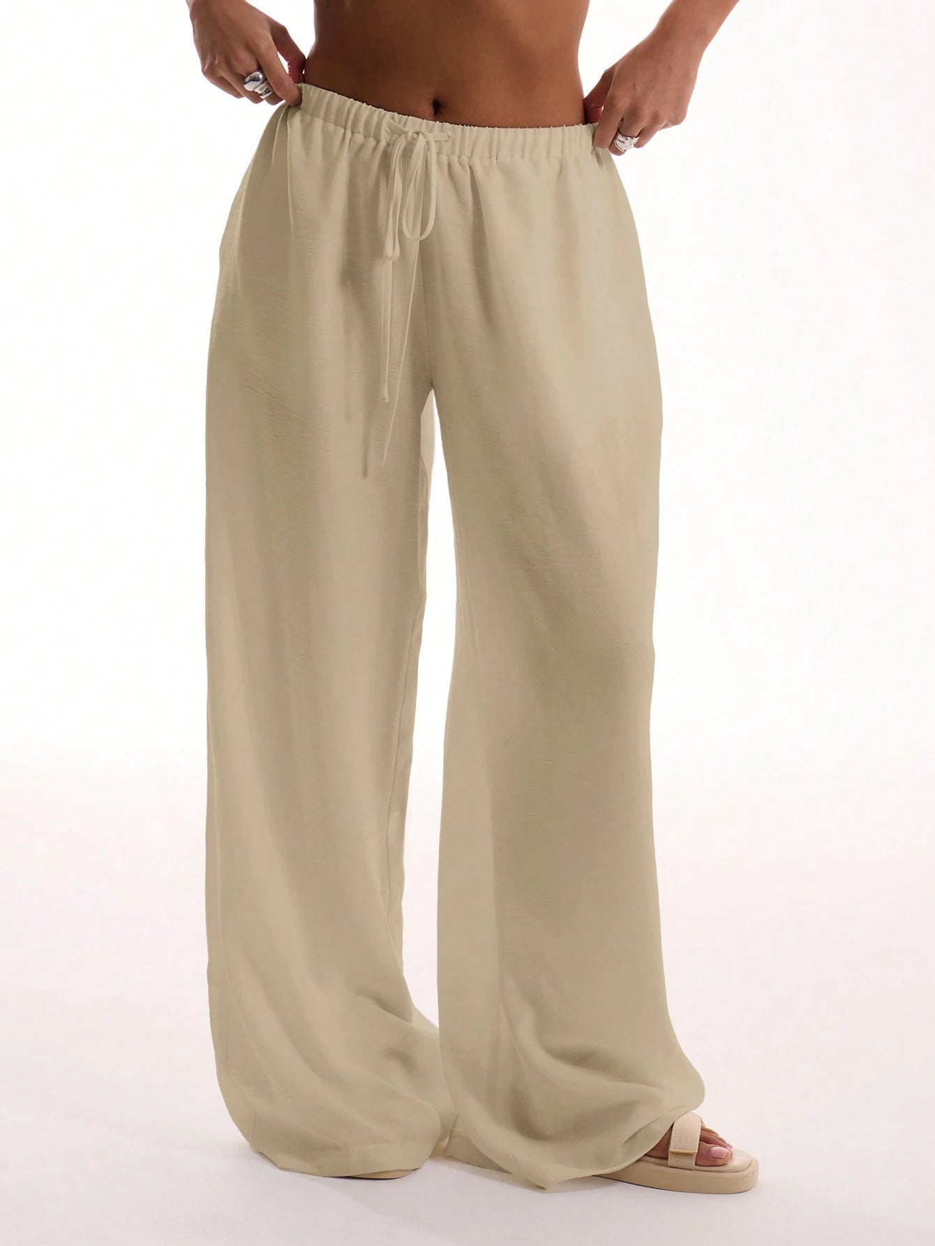 Women’s Wide-Leg Trousers – Linen Blend – Relaxed Fit – Drawstring Waist – Full Length