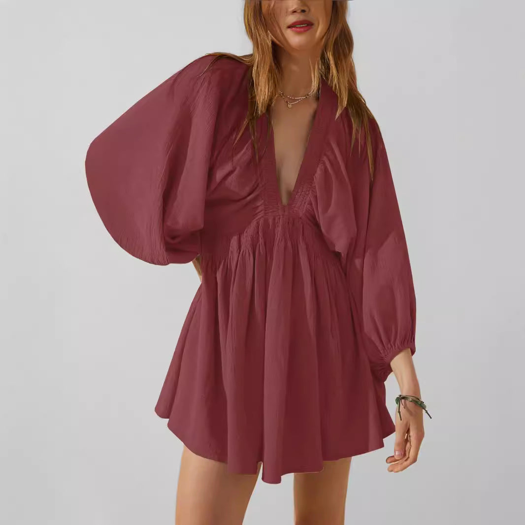 Women’s Mini Dress – Cotton Linen Blend – V-Neck – Long Sleeve – Relaxed Fit