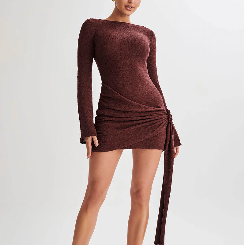 Women’s Mini Dress – Slim Fit Knit – Long Sleeve – Ruched Side with Adjustable Tie
