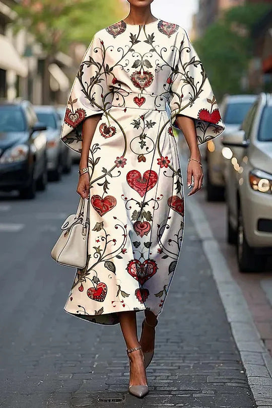 Women’s Midi Dress – A-Line Fit – Kimono Sleeves – Floral Print