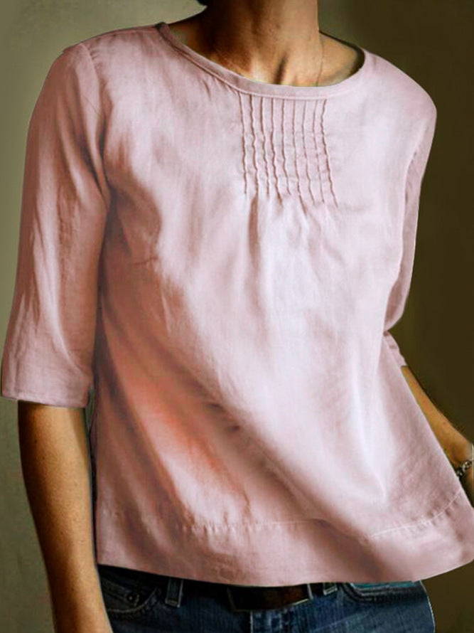 Women’s Blouse – Cotton Linen Blend – Loose Fit – 3/4 Sleeve – Pleated Front