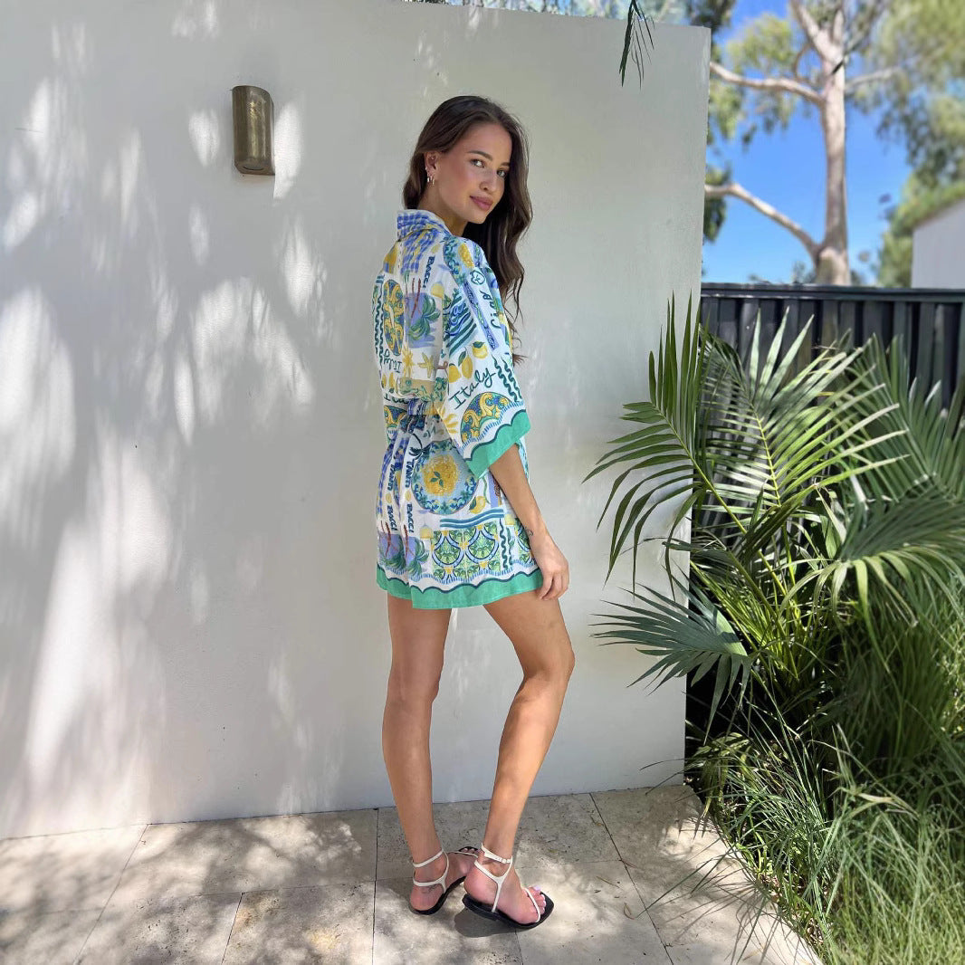 Women’s Romper – Relaxed Fit – Floral Print – Waist Tie – Lightweight Cotton Blend