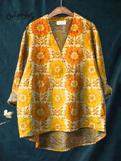 Women’s Long Sleeve Shirt – Relaxed Fit – V-Neck – Digital Print