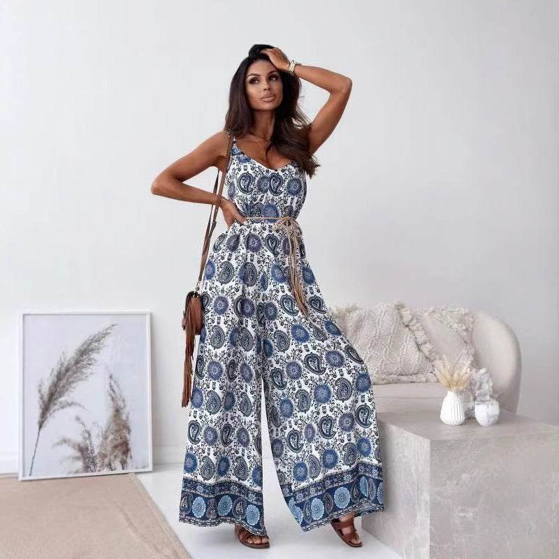 Women’s Jumpsuit – Wide Leg – V-Neck – Spaghetti Straps – Belted Waist – Bold Print