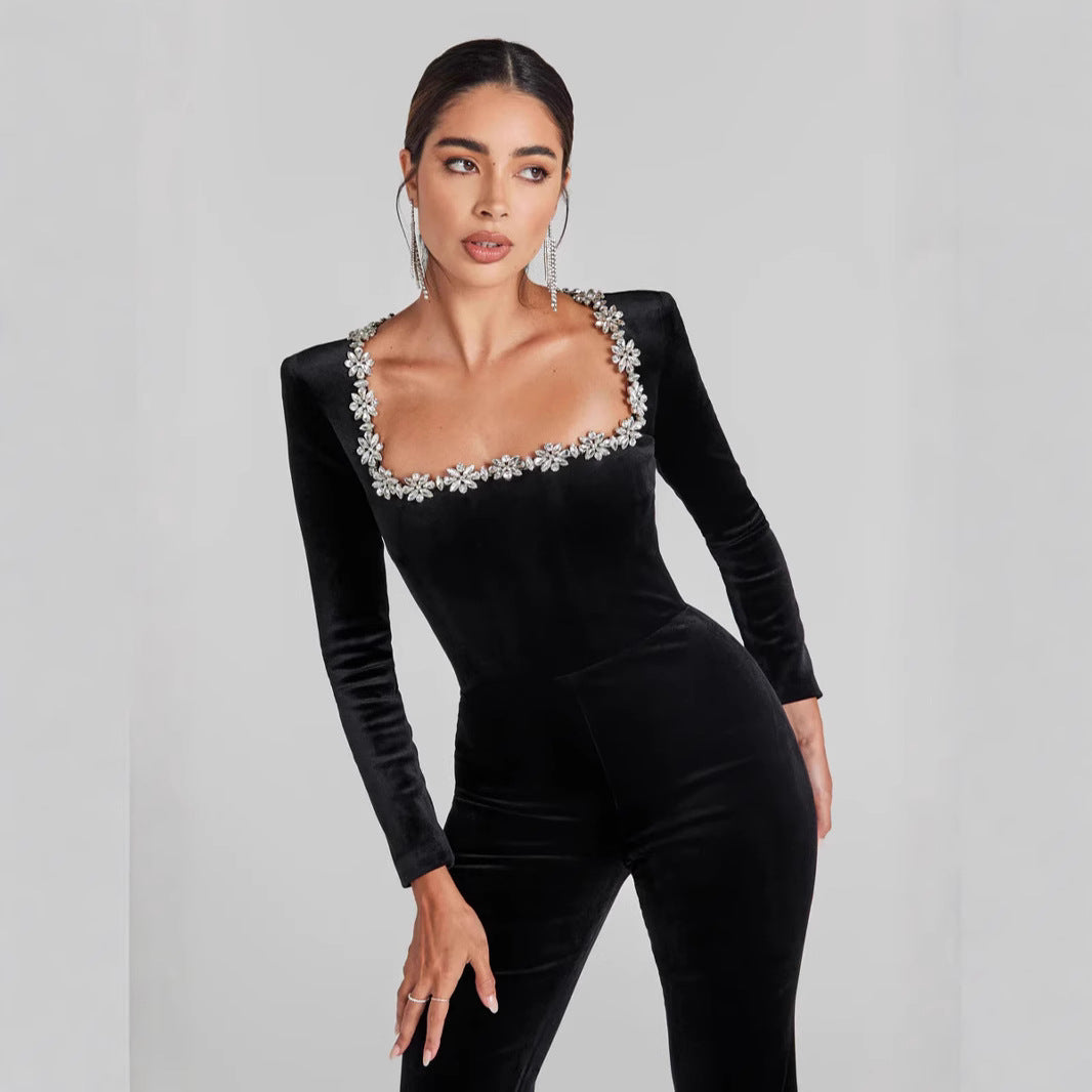 Women’s Jumpsuit – Velvet Fabric – Slim Fit – Flared Leg – Embellished Neckline – Long Sleeve