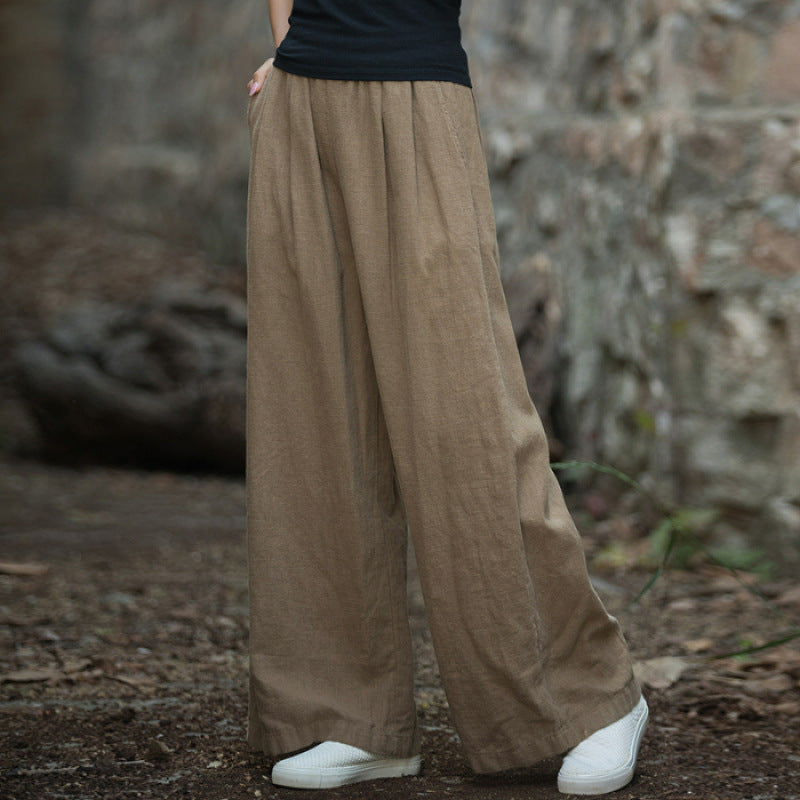 Women’s Wide-Leg Pants – Relaxed Fit – Linen-Look Fabric – Elastic Waist – Full Length