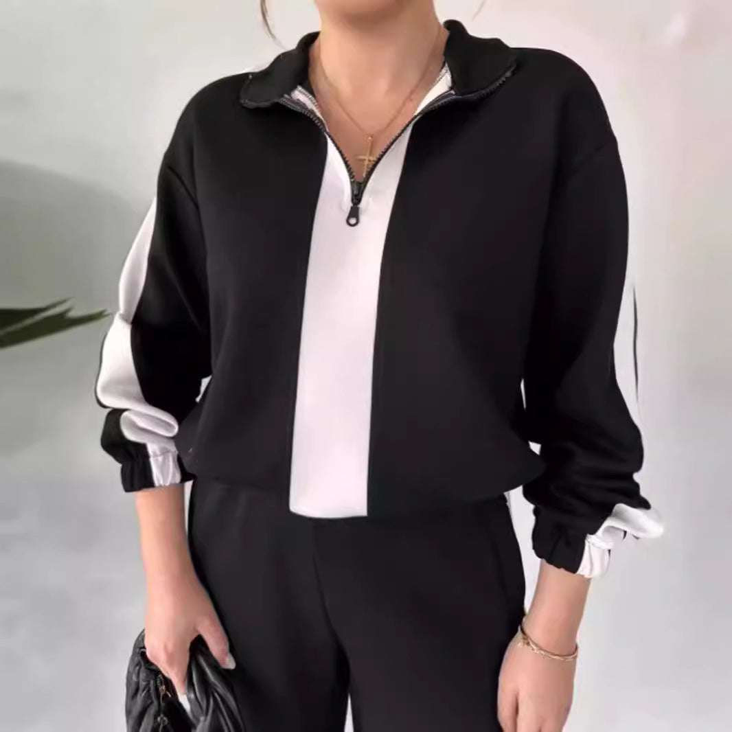 Women’s Two-Piece Set – Relaxed Fit Zip Collar Top & Wide-Leg Drawstring Pants