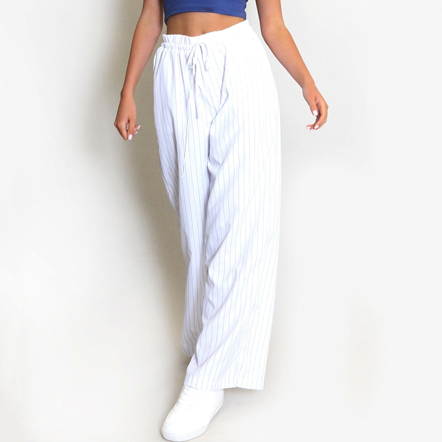 Women’s Wide-Leg Pants – Cotton Blend – Relaxed Fit – Drawstring Waist – Striped Pattern