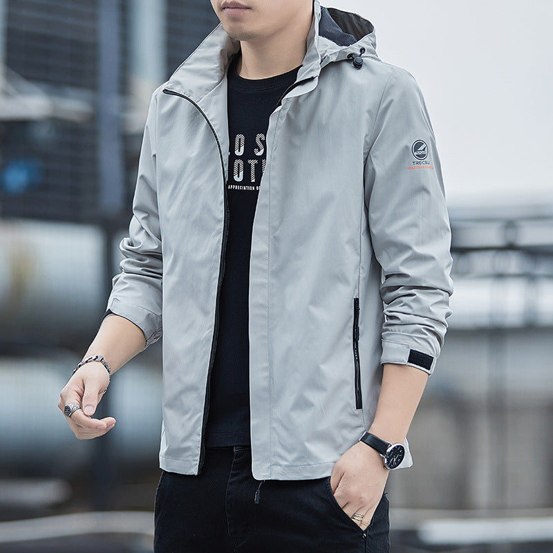 Men’s Windbreaker Jacket – Regular Fit – Water-Resistant – Detachable Hood – Zip Pockets