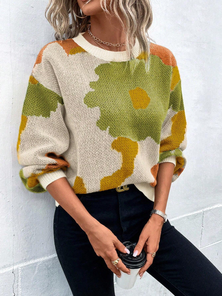 Women’s Pullover Sweater – Knit Fabric – Relaxed Fit – Round Neck – Balloon Sleeves – Patterned