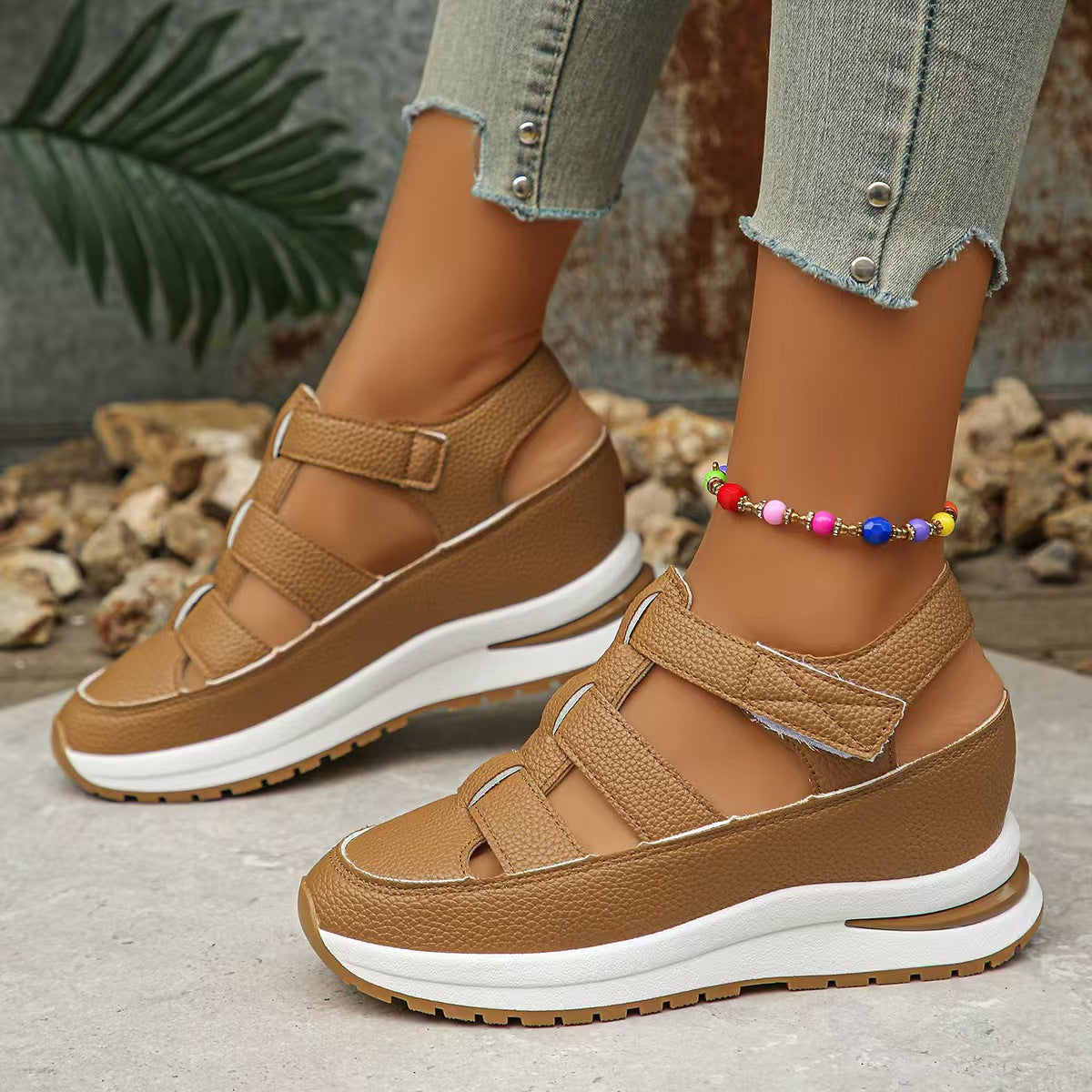Women’s Wedge Sandals – Closed Toe – Cut-Out Sides – Adjustable Strap – Platform Heel