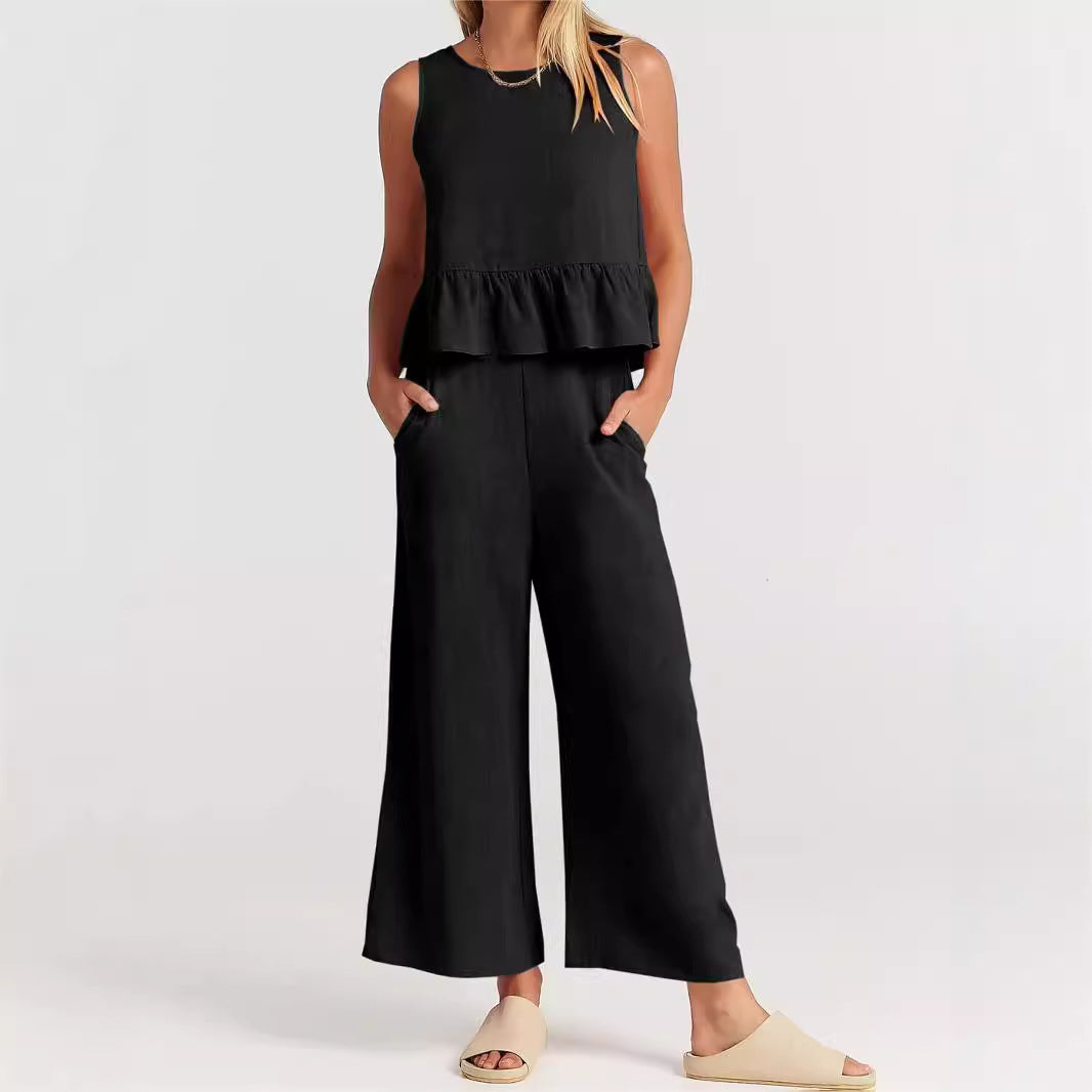 Women’s Peplum Top – Lightweight Cotton Blend – Relaxed Fit – Sleeveless Rounded Neckline