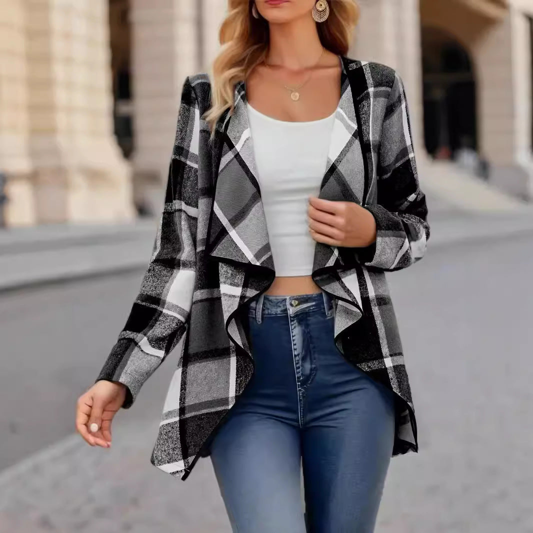 Women’s Open-Front Coat – Relaxed Fit – Soft Feel – Draped Plaid Pattern