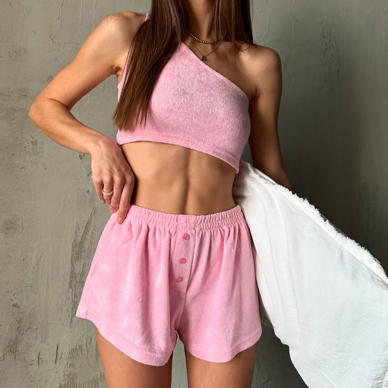 Women’s Lounge Set – One Shoulder Crop Top – Soft Plush Fabric – Relaxed Fit Shorts
