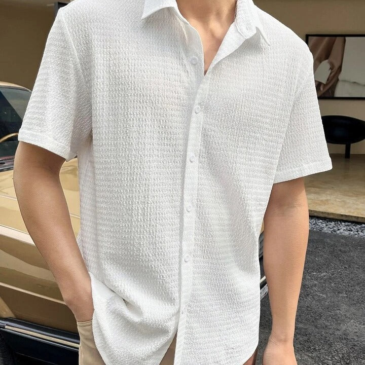 Men’s Short Sleeve Shirt – Cotton Blend – Regular Fit – Textured Button-Front Casual