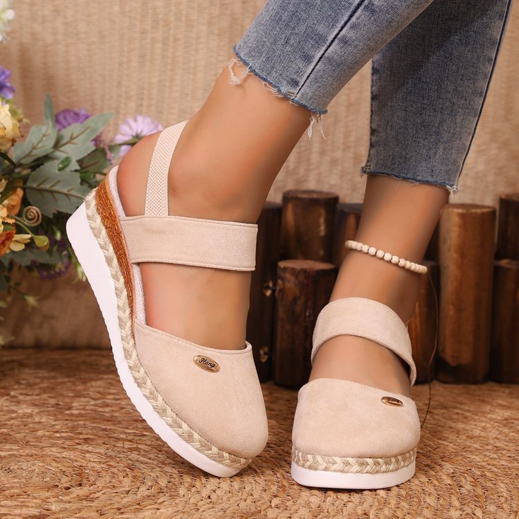 Women’s Wedge Sandals – Closed Toe – Suede-Like Upper – Jute Heel – Wide Straps