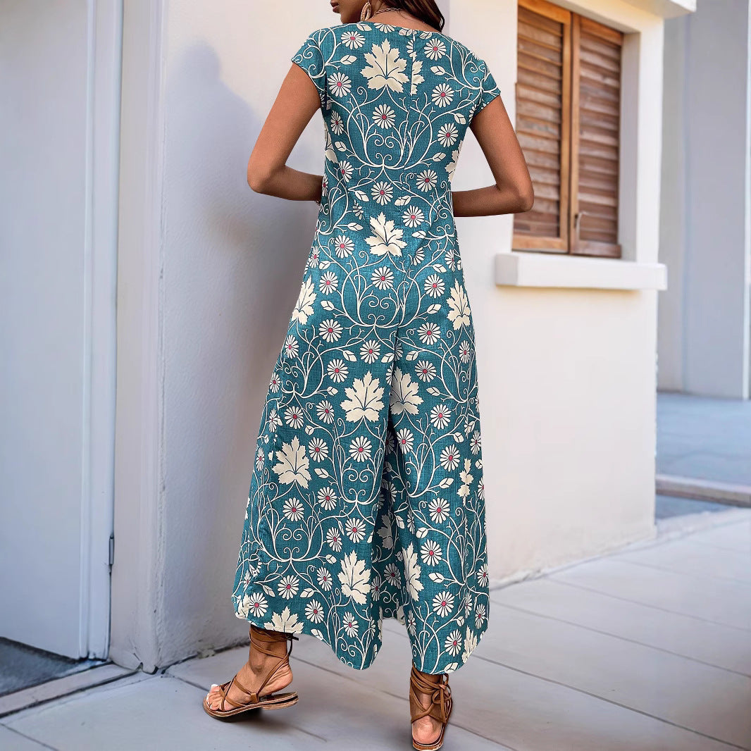 Women’s Jumpsuit – Relaxed Fit – Cotton Blend – Wide Leg – Short Sleeve Floral