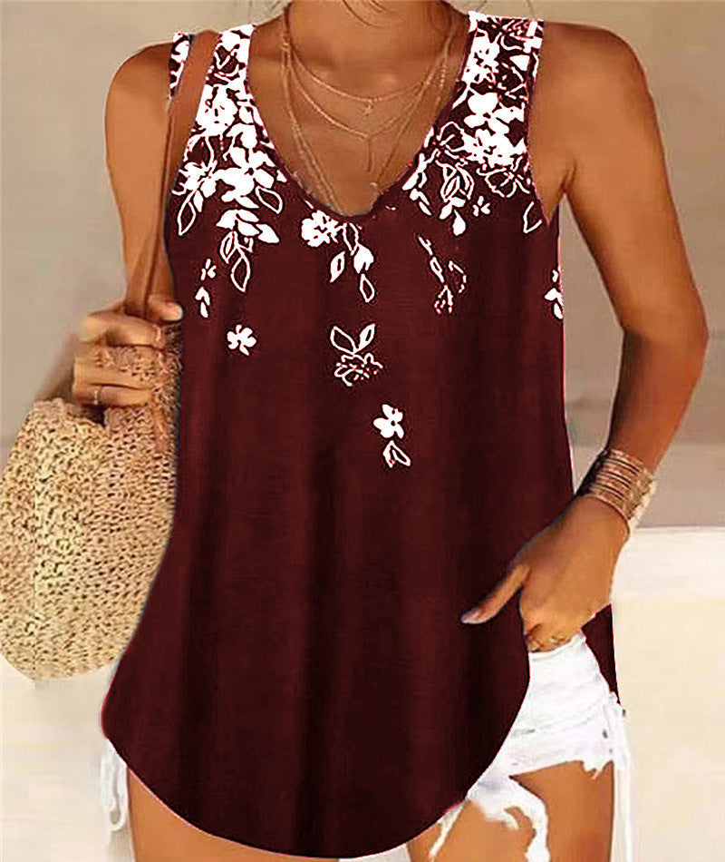 Women’s Tank Top – Relaxed Fit – V-Neck – Sleeveless – Floral Print – Breathable Blend