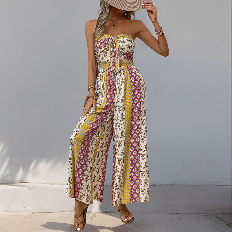Women’s Jumpsuits – High Waist – Belted – Breathable Blend – Boho Pattern