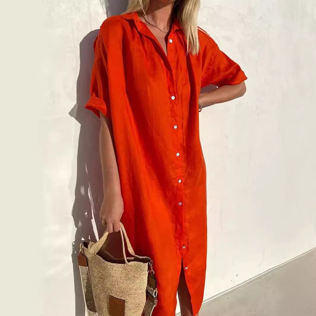 Women’s Shirt Dress – Cotton Linen Blend – Relaxed Fit – Button Down – Midi Length