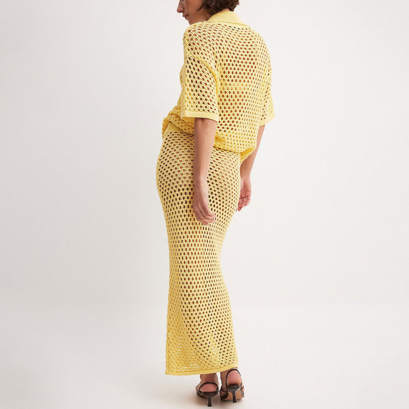 Women’s Knit Skirt Set – Relaxed Fit – Fishnet Texture – Button Top – Full Length