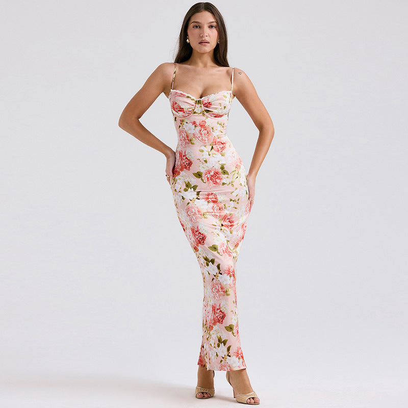 Women’s Long Dress – Slim Fit Satin – Spaghetti Straps – Floral Print – Structured Bodice