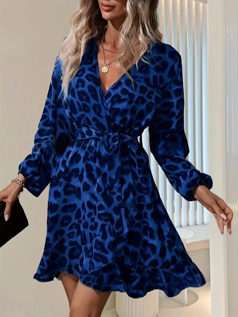 Women’s Wrap Midi Dress – Tailored Fit – V-Neck – Tie Waist – Balloon Sleeve – Leopard Print