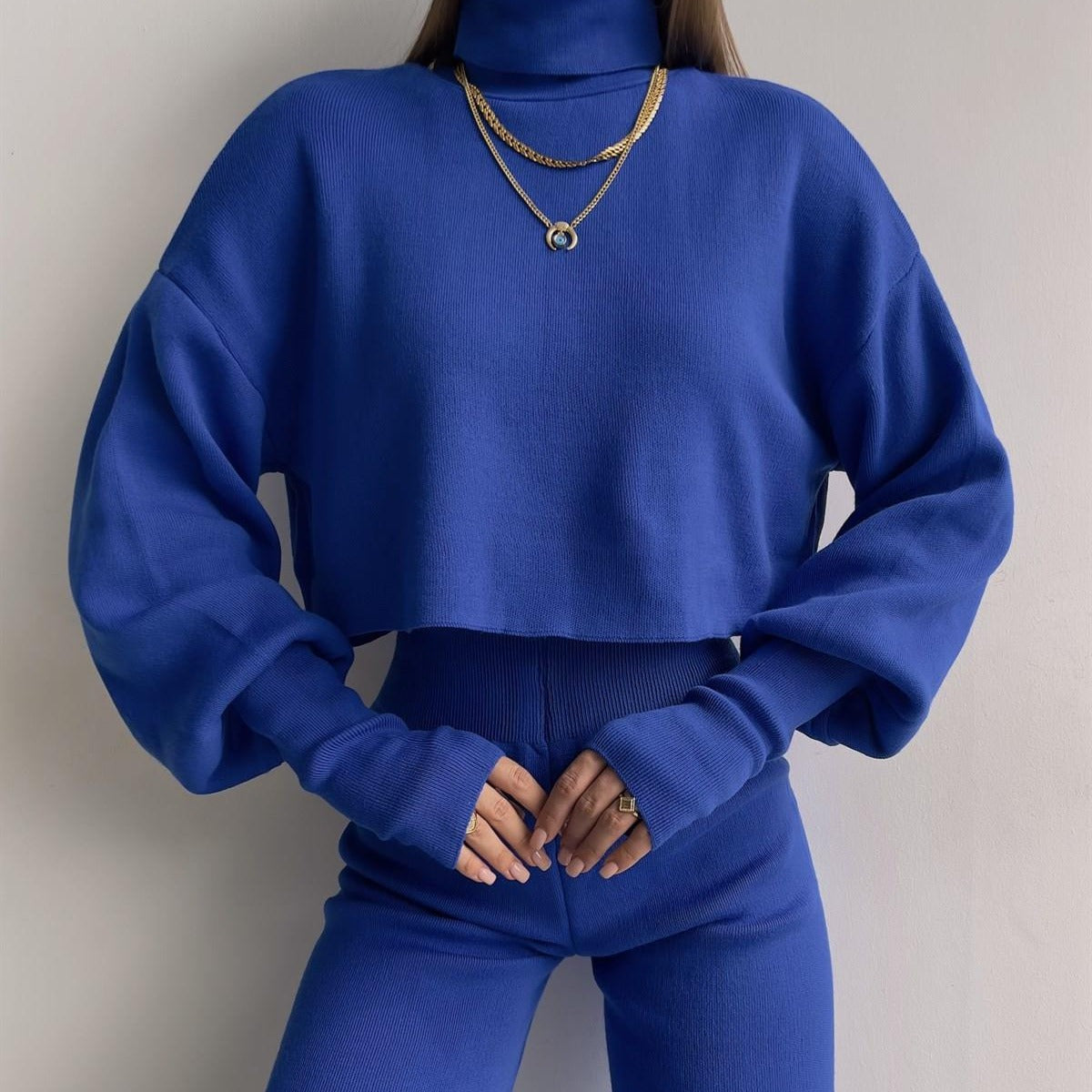 Women’s Lounge Set – Soft Knit – High Neck Top – Wide Leg – Relaxed Fit