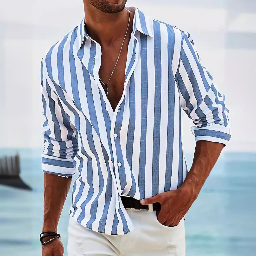 Men’s Long Sleeve Shirt – Cotton Linen Blend – Relaxed Fit – Button-Up Striped Casual