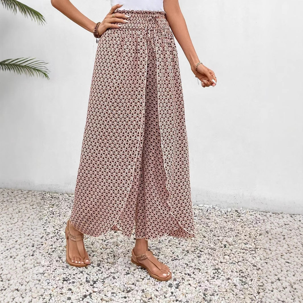 Women’s Wide-Leg Skirt Pants – Relaxed Fit – Floral Print – Side Slits – Breathable Fabric