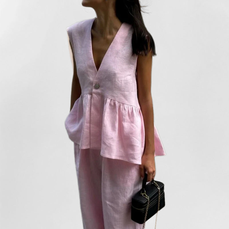 Women’s Vest and Pants Set – Linen Blend – Peplum Waist – High-Waist Wide-Leg