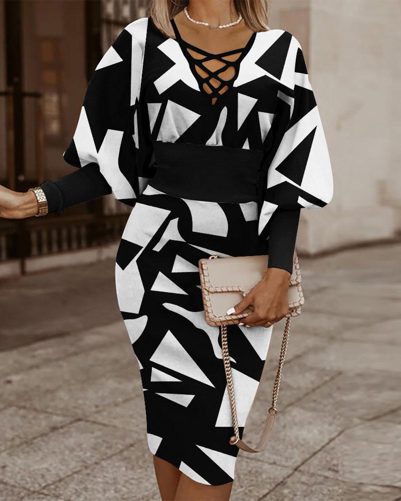 Women’s Bodycon Dress – Crisscross V-Neck – Long Sleeve – Plaid Midi – Waist Cinching