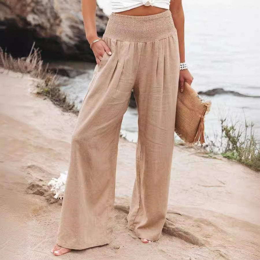 Women’s Wide Leg Trousers – Relaxed Fit – Breathable Blend – Elastic Waist Comfort