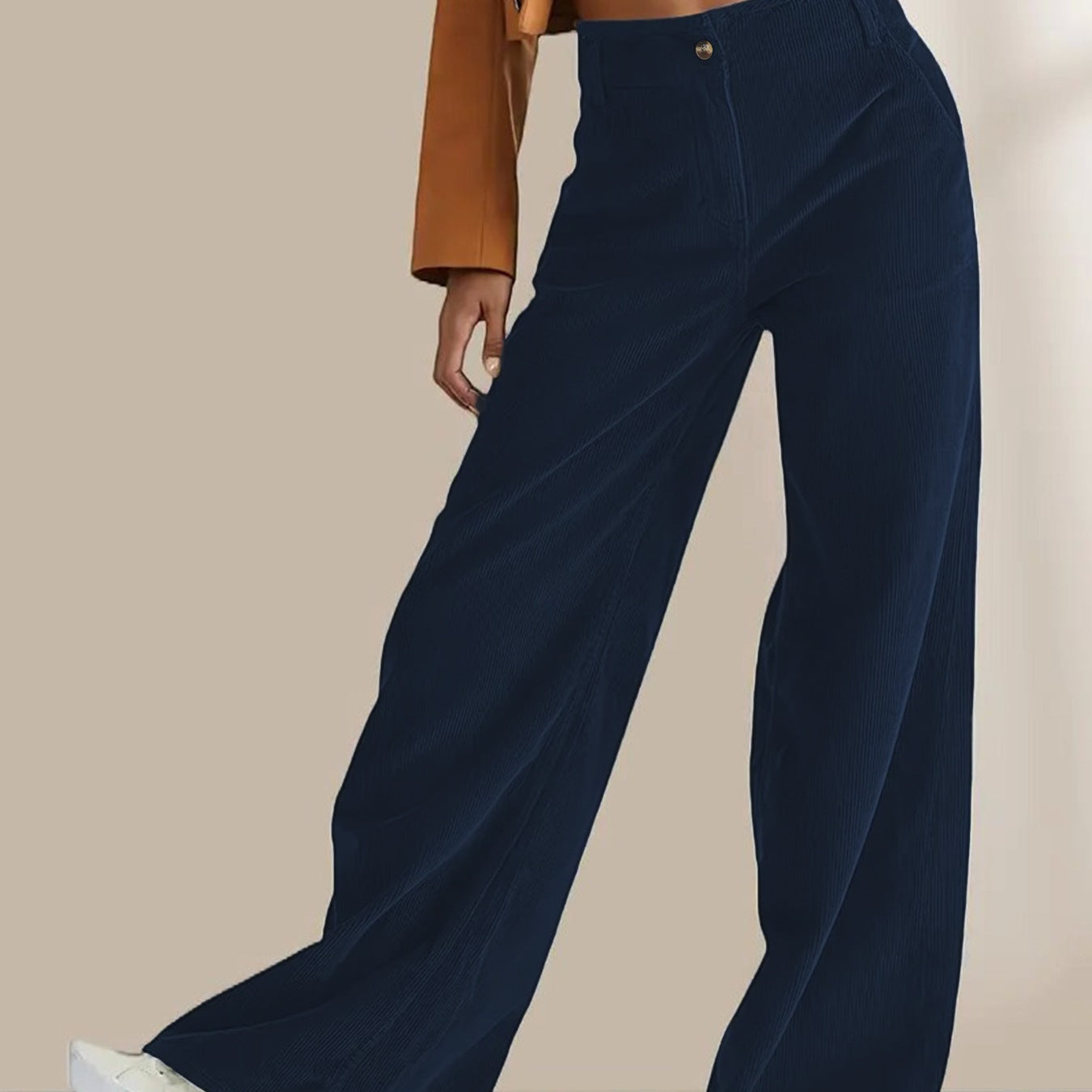 Women’s Corduroy Trousers – High Waist – Straight Leg – Full Length Patch Pockets