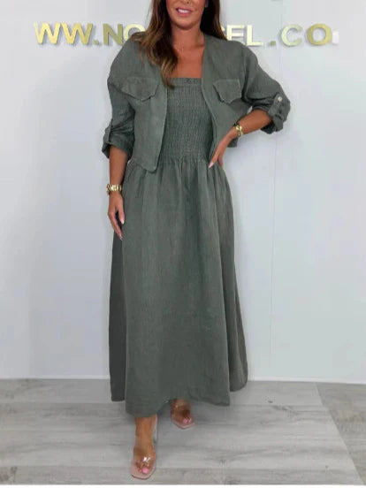 Women’s Maxi Dress Set – Smocked Bodice – Relaxed Fit – Cotton – Matching Jacket