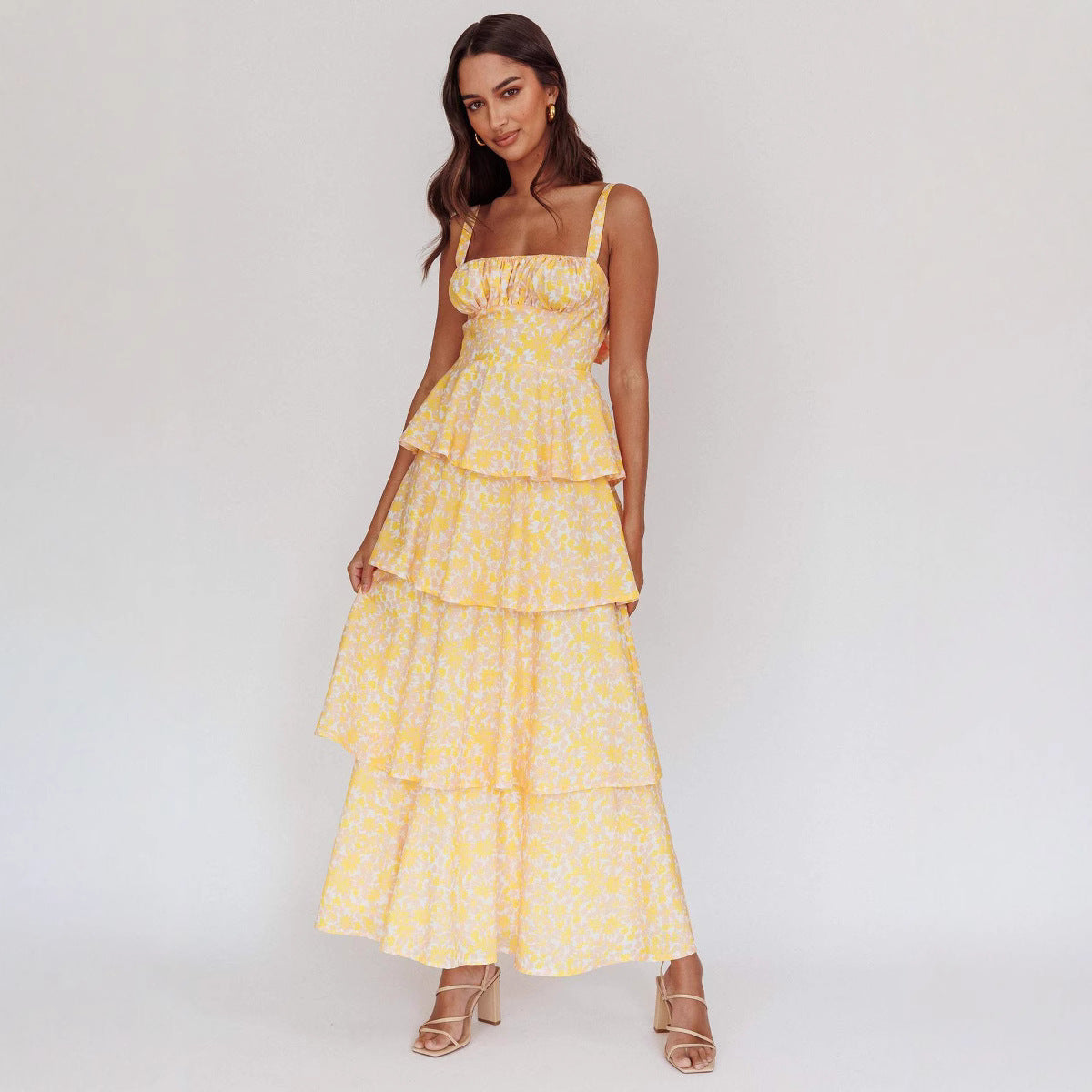 Women’s Midi Dress – Slim Fit Bodice – Ruffled Skirt – Sleeveless Floral Print